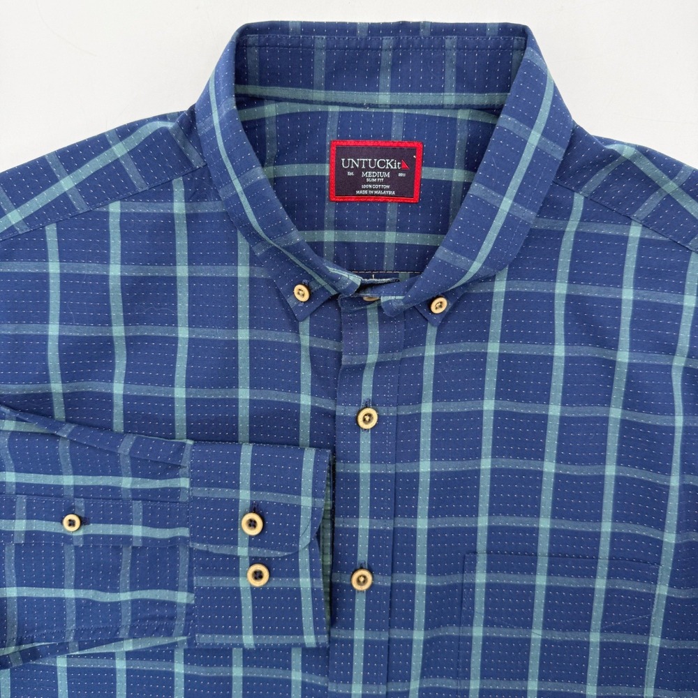 UNTUCKit Button Down Shirt Mens Medium Blue Teal Plaid Slim Fit Cotton 5913